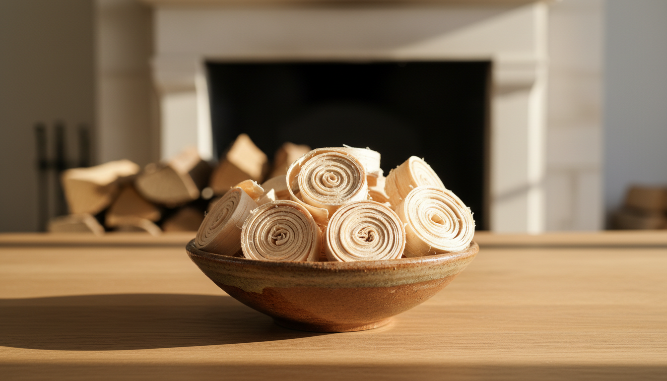 A close-up of a cluster of French-style natural firelighters made from tightly wound light-colored wood shavings and natural wax, their fibrous textures and gentle spiral forms showcased in high detail. They rest in a rustic ceramic bowl on a smooth, untreated oak tabletop, surrounded by subtly blurred stacked logs and a hint of a classic French stone fireplace in the background. Soft afternoon sunlight filters in from the side, accentuating the warm, organic tones and casting delicate shadows. The mood is inviting, authentic, and homely, evoking reliable, artisanal quality. Captured from an eye-level composition with shallow depth of field and a clean, modern photographic approach.