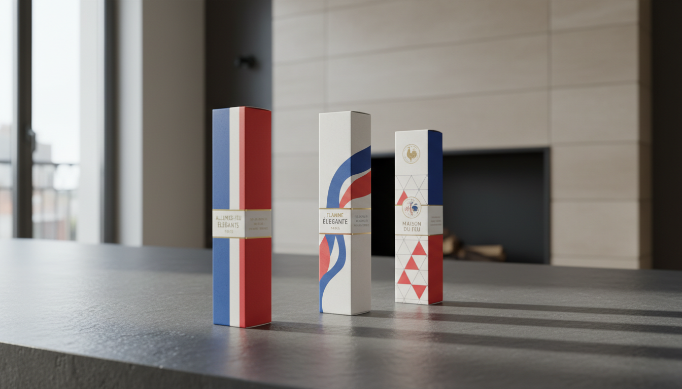 A set of sleek, minimalist French firelighter boxes, each decorated with elegant tricolor motifs and refined typography, are neatly arranged on a matte slate counter. Behind, a contemporary fireplace setting with clean lines and neutral stonework suggests a chic Parisian apartment. Cool natural daylight pours in from a nearby window, giving the boxes and countertop soft, even highlights while creating a sophisticated, modern ambiance. Captured using a slightly elevated three-quarter angle for product focus, with sharp clarity and subtle background blur. The image style is unapologetically modern and upscale, aligned with high-quality French design aesthetics.