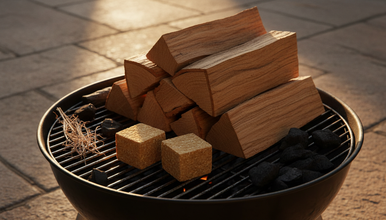 A pair of natural allume-feux cubes, golden-brown and slightly textured, rest atop a dark charcoal grill ready for lighting. Around them are meticulously arranged pieces of kiln-dried firewood and charcoal, with small wisps of kindling visible in the corner. The setting is outdoors on a stone terrace, with late afternoon sun casting long, warm shadows and reflections on the metallic grill surface. The atmosphere is dynamic yet controlled, highlighting the reliability and efficiency of French firelighters for barbecue enthusiasts. Photographed from a close, slightly above angle for culinary drama, with vibrant contrast and a realistic, clean finish.